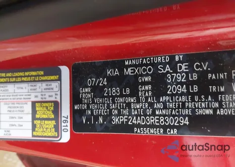 2024 Kia Forte Lxs из США, поврежденный, VIN 3KPF24AD3RE830294